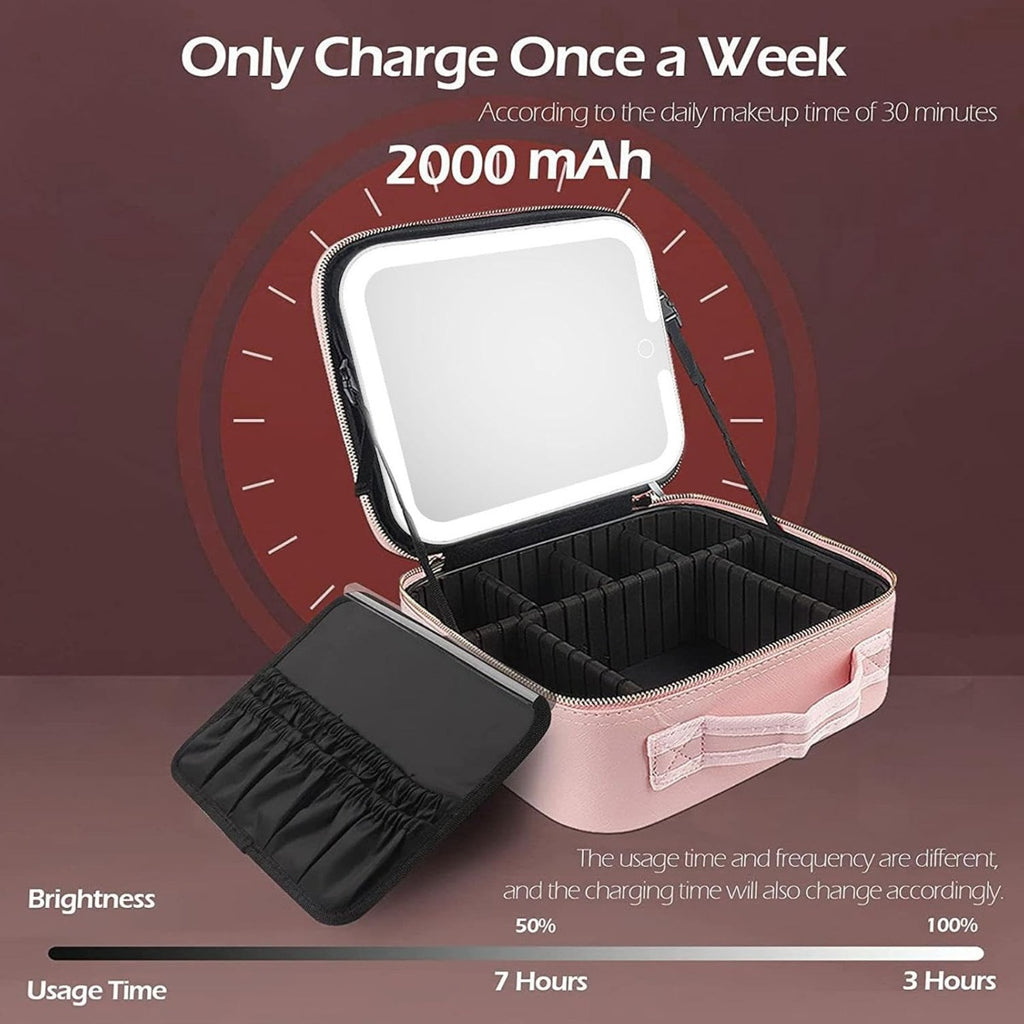 Borsa trucco rosa con specchio LED illuminato e organizer nero pieghevole