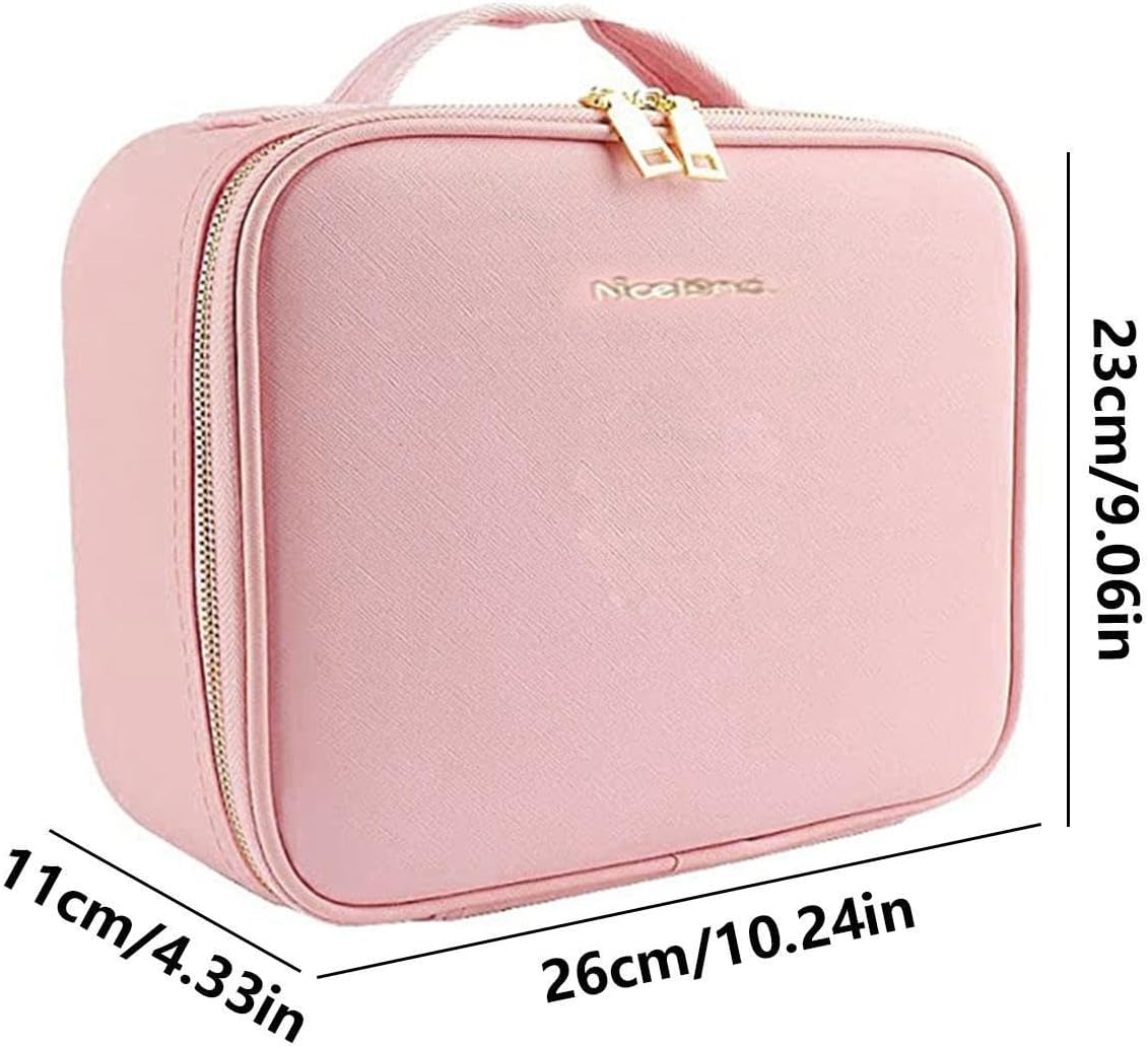 Borsa trucco compatta rosa con zip doppia e maniglia superiore