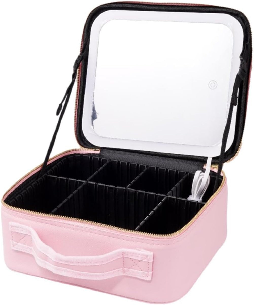 Custodia trucco rosa con specchio LED illuminato, apertura a zip e interni neri