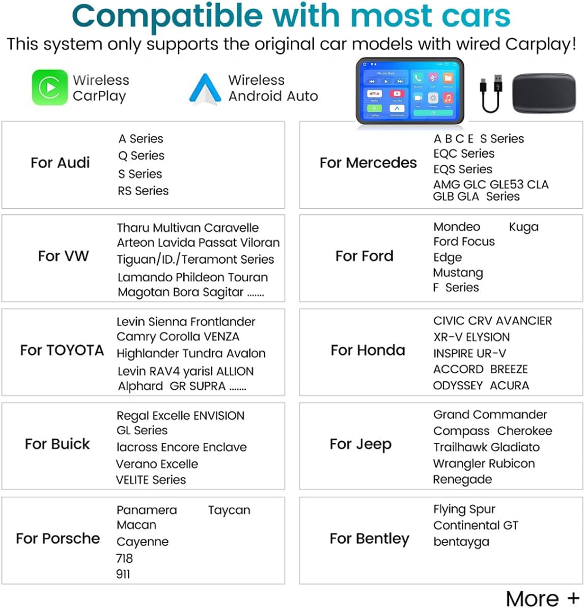Adattatore CarPlay wireless nero per auto con immagini di compatibilità