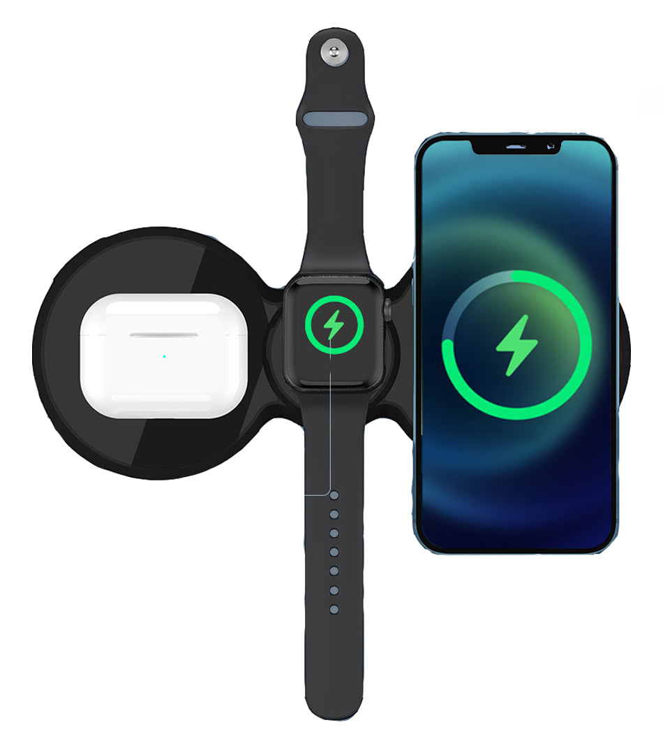 Stazione di ricarica wireless 3 in 1 nera per smartphone, smartwatch e auricolari