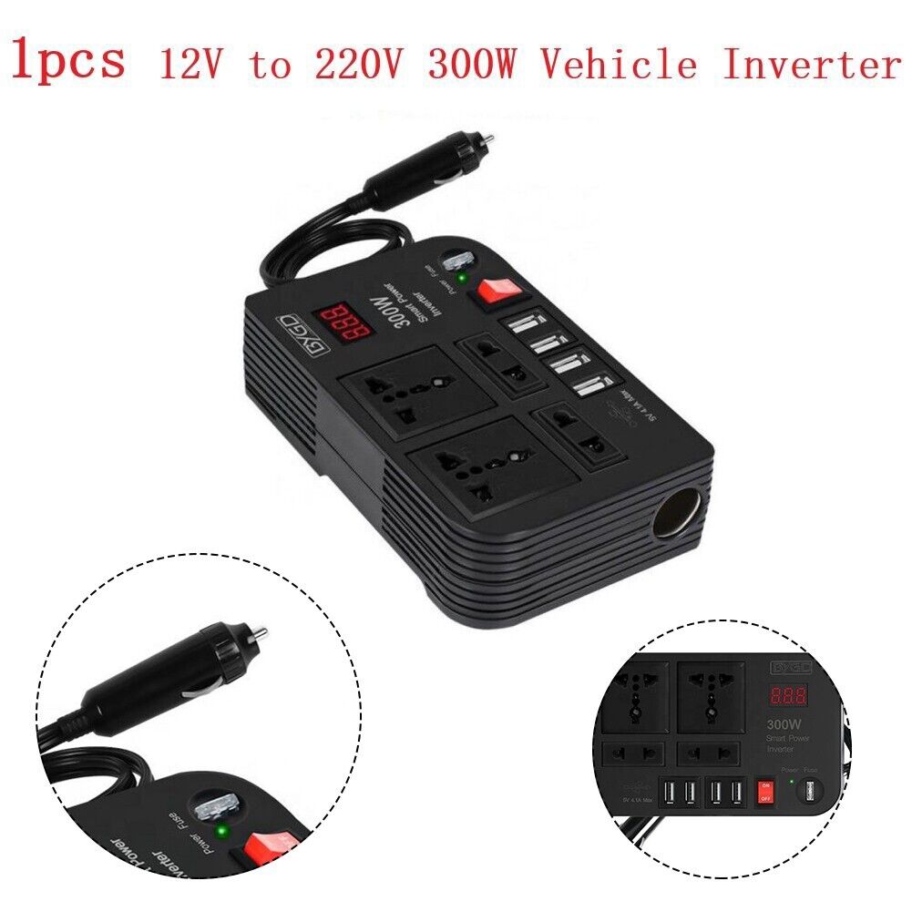 Inverter auto 12V-220V con 4 USB e prese, display LED, convertitore 300W