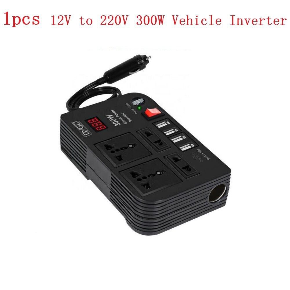 Convertitore auto nero con 4 porte USB, prese e interruttore rosso