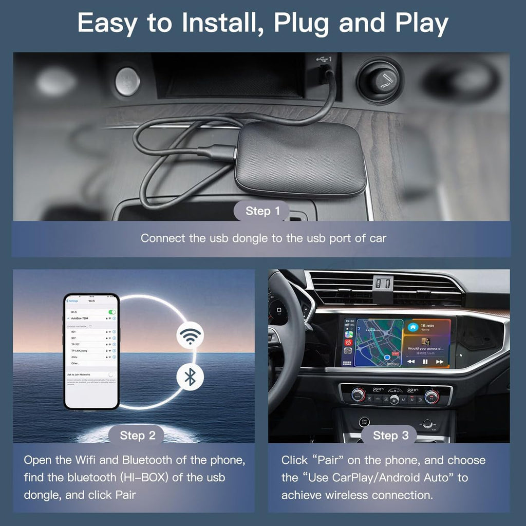 Adattatore CarPlay wireless nero con cavi USB per installazione in auto