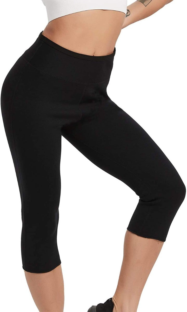 Leggings termici neri 3/4 a vita alta con fascia gialla elastica
