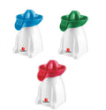 Spremiagrumi elettrico con corpo bianco e coni colorati blu, verde e rosso