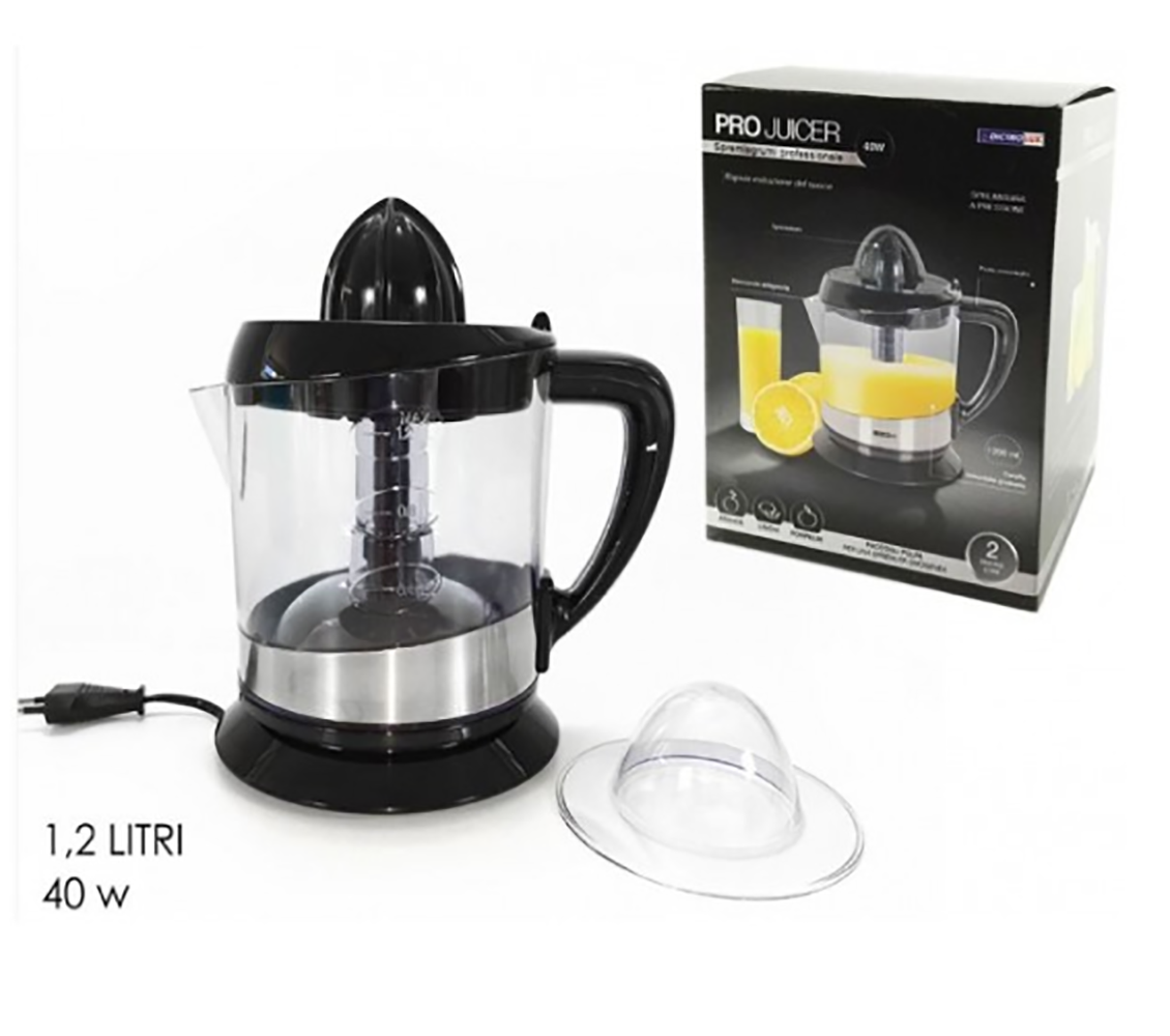 Spremiagrumi elettrico con brocca trasparente e base nera, cono spremiagrumi