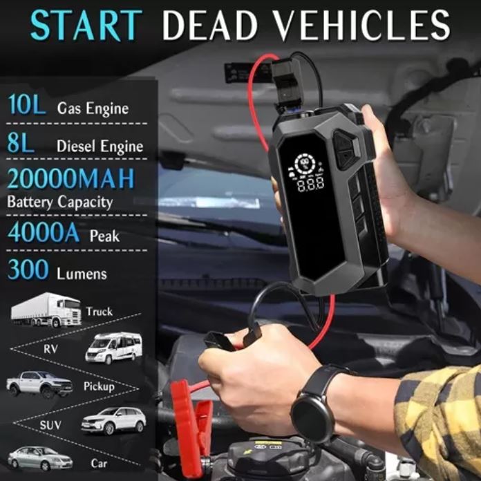 Avviatore di emergenza grigio collegato al vano motore dell’auto