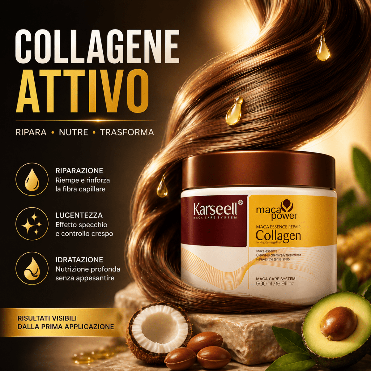 Karseell Maca Care System Maschera Capelli 500ml – Collagene, Olio di Argan, Cocco, Avocado e Cheratina – Trattamento Ristrutturante Idratante Anticrespo Professionale - | Prendilo Subito