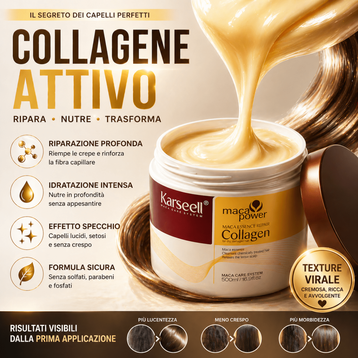 Karseell Maca Care System Maschera Capelli 500ml – Collagene, Olio di Argan, Cocco, Avocado e Cheratina – Trattamento Ristrutturante Idratante Anticrespo Professionale - | Prendilo Subito