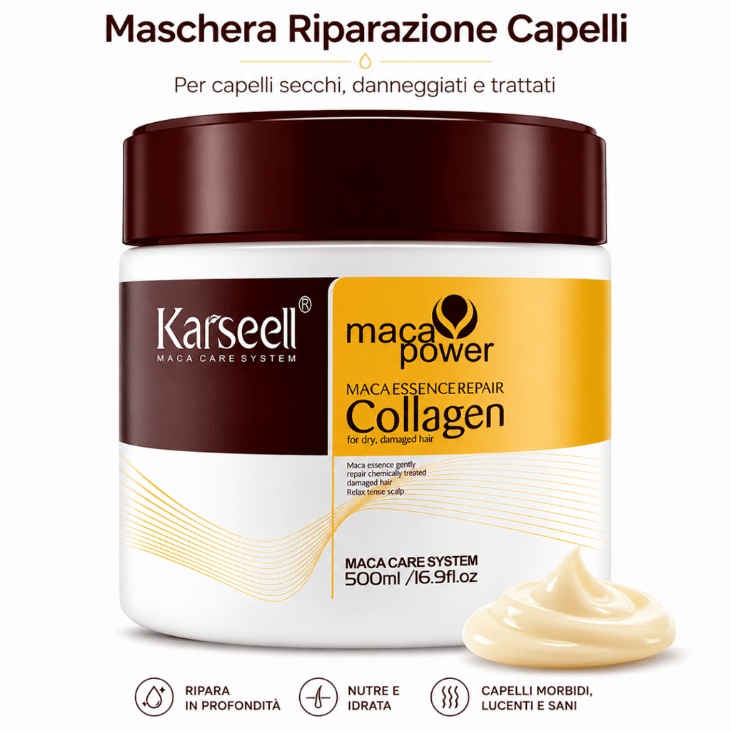 Karseell Maca Care System Maschera Capelli 500ml – Collagene, Olio di Argan, Cocco, Avocado e Cheratina – Trattamento Ristrutturante Idratante Anticrespo Professionale - | Prendilo Subito