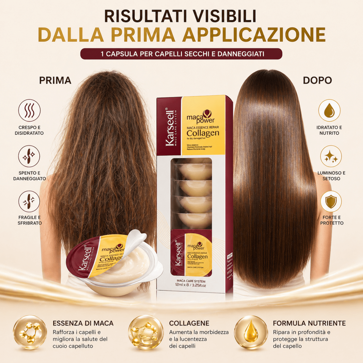 Karseell MACA CARE SYSTEM Maschera Capelli Collagene Monodose 12mlx8 – Riparazione Intensa, Anti Crespo, Idratazione Profonda Capelli Secchi e Danneggiati – Effetto Lucente Professionale - | Prendilo Subito