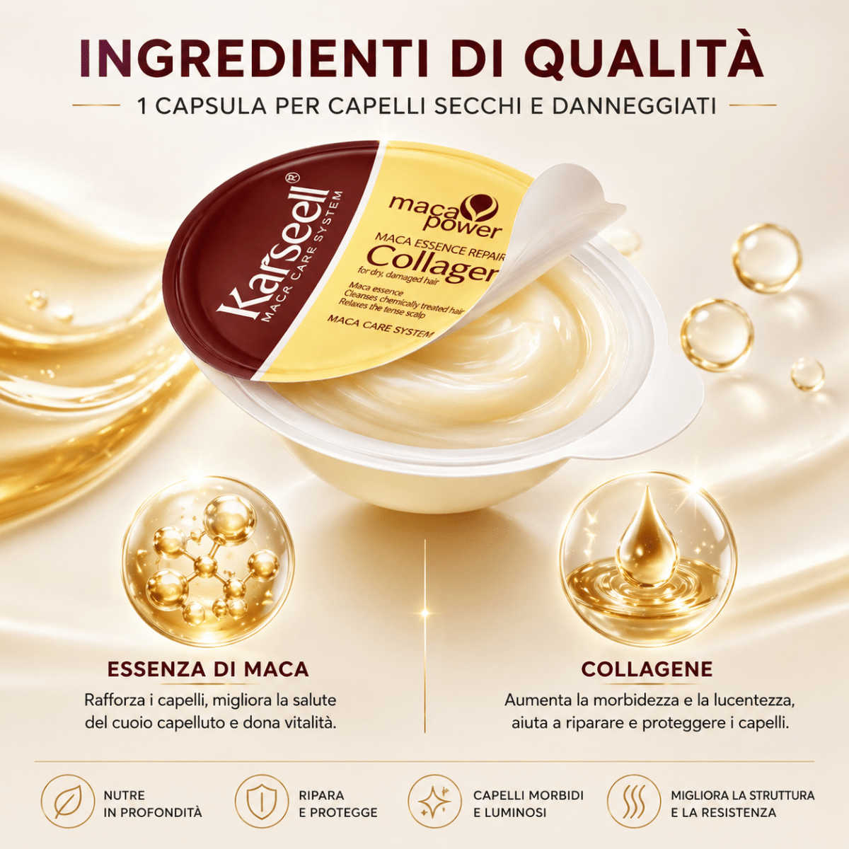 Karseell MACA CARE SYSTEM Maschera Capelli Collagene Monodose 12mlx8 – Riparazione Intensa, Anti Crespo, Idratazione Profonda Capelli Secchi e Danneggiati – Effetto Lucente Professionale - | Prendilo Subito