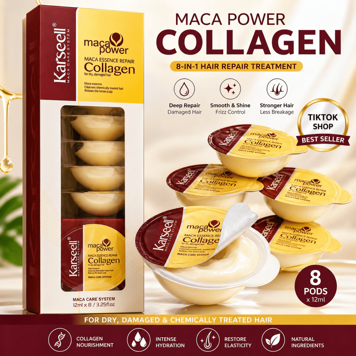 Karseell MACA CARE SYSTEM Maschera Capelli Collagene Monodose 12mlx8 – Riparazione Intensa, Anti Crespo, Idratazione Profonda Capelli Secchi e Danneggiati – Effetto Lucente Professionale - | Prendilo Subito