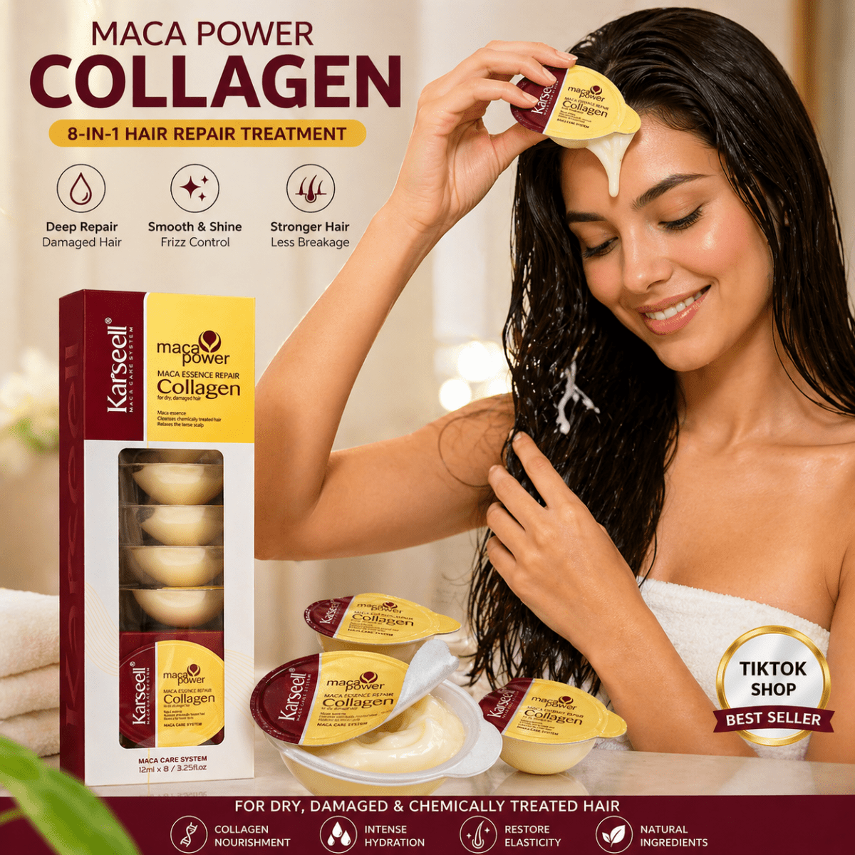 Karseell MACA CARE SYSTEM Maschera Capelli Collagene Monodose 12mlx8 – Riparazione Intensa, Anti Crespo, Idratazione Profonda Capelli Secchi e Danneggiati – Effetto Lucente Professionale - | Prendilo Subito