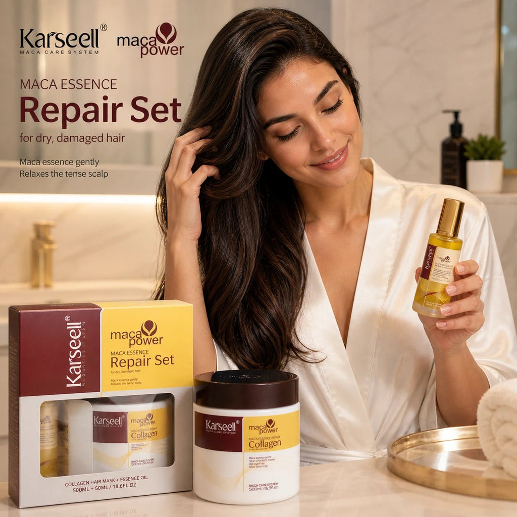 Karseell Maca Care System Set Riparazione Capelli Professionale – Maschera Collagene 500ml + Olio Argan 50ml – Nutriente Idratante Anticrespo Effetto Lucentezza per Capelli Secchi e Danneggiati - | Prendilo Subito