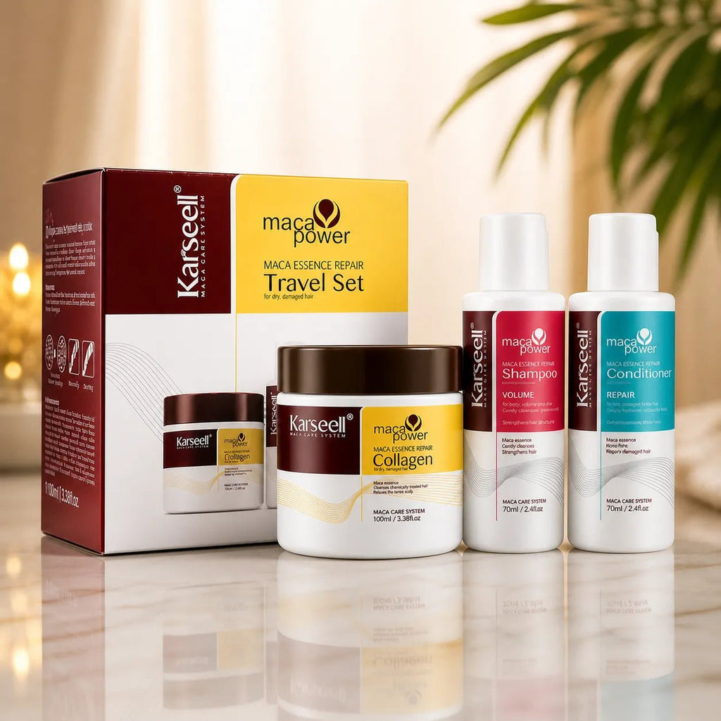 Karseell Maca Essence Repair Travel Set – Kit Capelli da Viaggio con Shampoo, Balsamo e Maschera al Collagene – Trattamento Nutriente per Capelli Secchi e Danneggiati - | Prendilo Subito