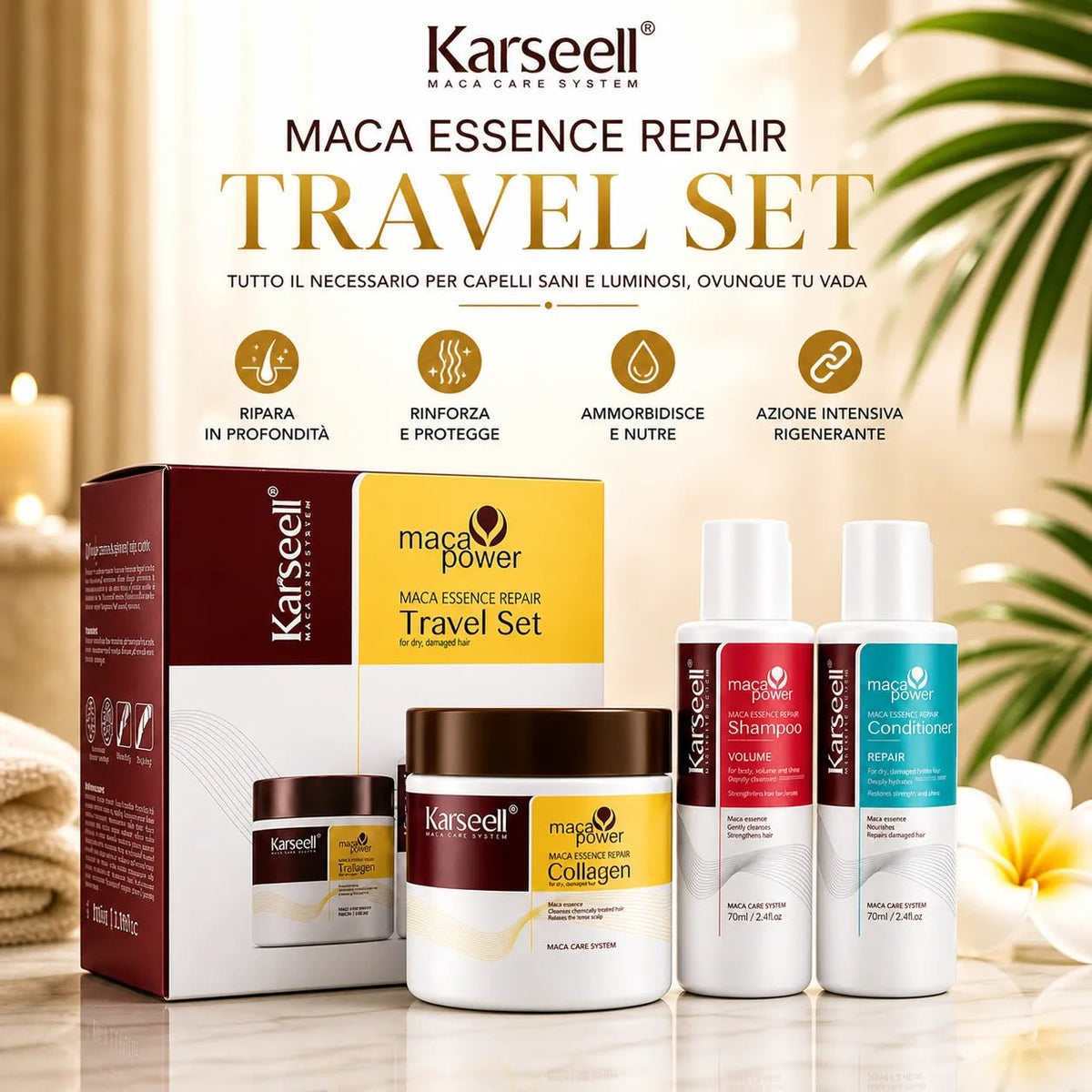 Karseell Maca Essence Repair Travel Set – Kit Capelli da Viaggio con Shampoo, Balsamo e Maschera al Collagene – Trattamento Nutriente per Capelli Secchi e Danneggiati - | Prendilo Subito
