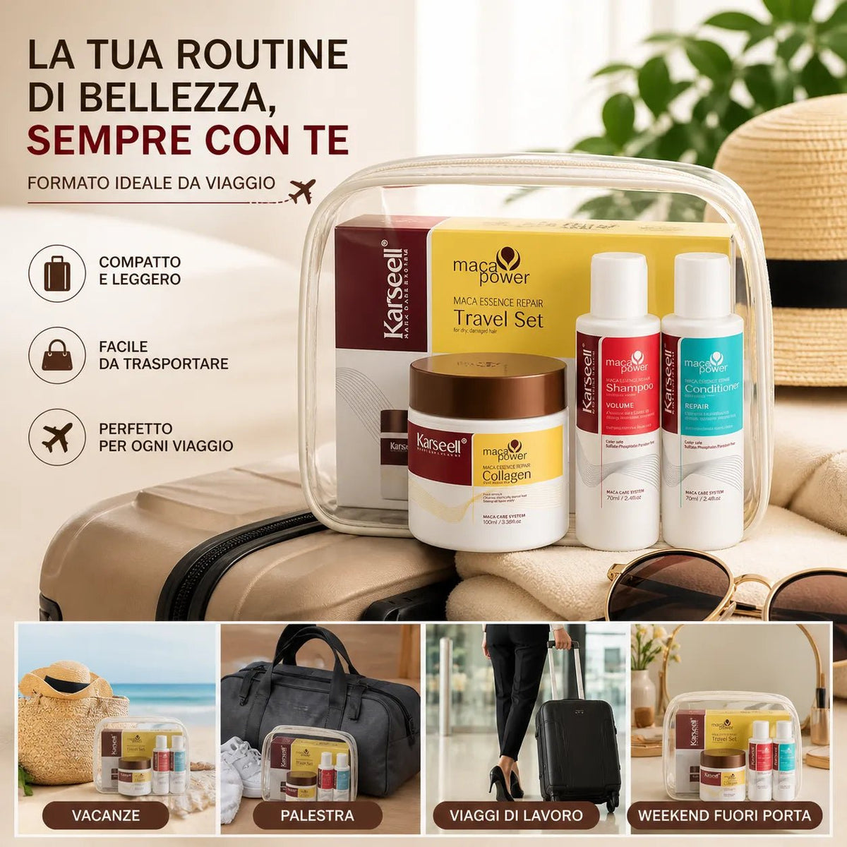 Karseell Maca Essence Repair Travel Set – Kit Capelli da Viaggio con Shampoo, Balsamo e Maschera al Collagene – Trattamento Nutriente per Capelli Secchi e Danneggiati - | Prendilo Subito