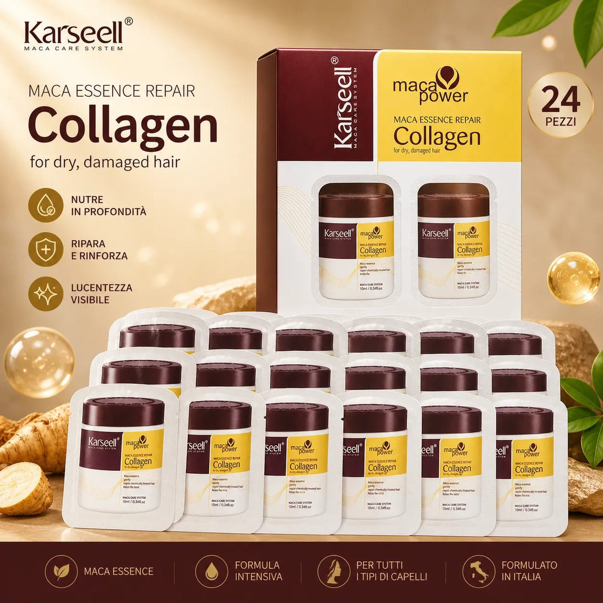 Karseell Maschera Capelli al Collagene 10ml x 24 Pezzi – Trattamento Nutriente con Olio di Argan e Maca – Idratante Riparatore per Capelli Secchi, Danneggiati e Trattati - | Prendilo Subito
