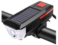 Luce per bici con pannello solare, fanale LED e staffa nera, tasto rosso.