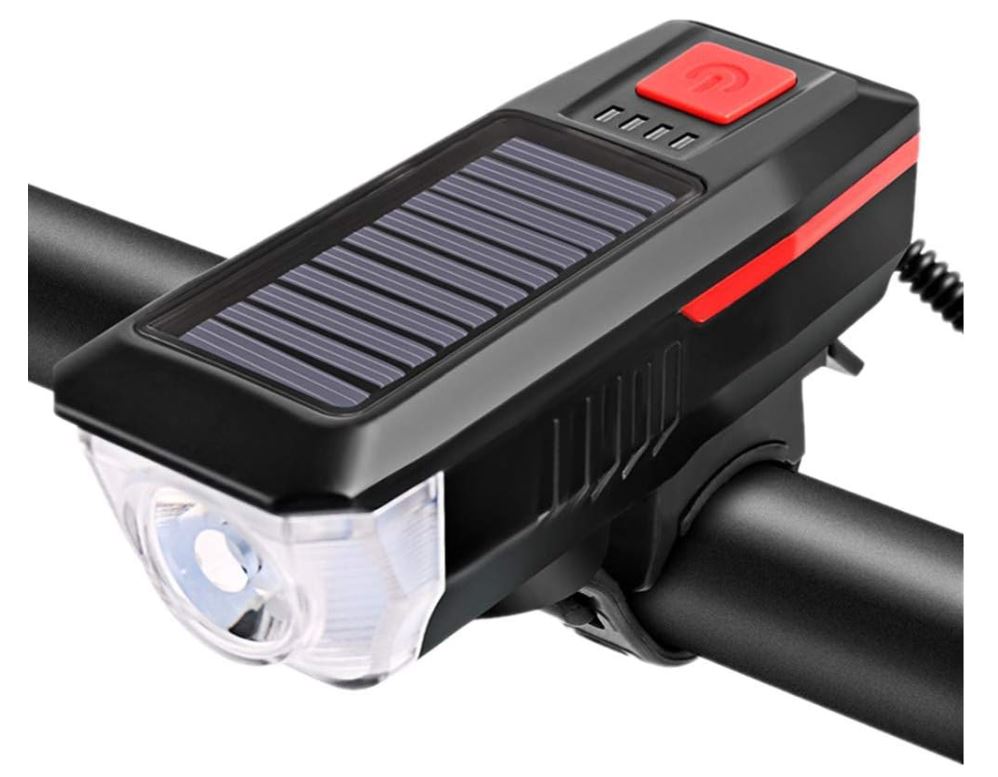 Luce per bici con pannello solare, fanale LED e staffa nera, tasto rosso.