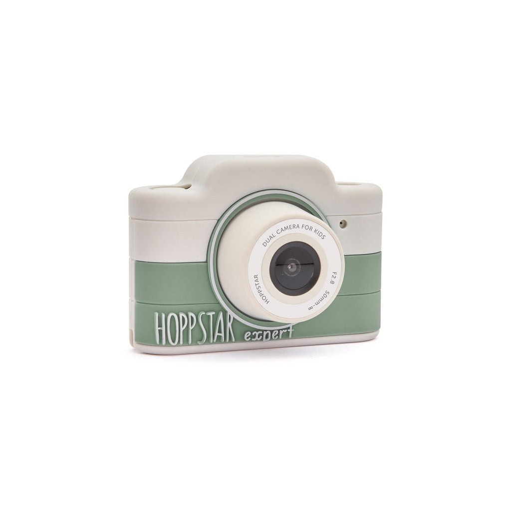 Fotocamera per bambini bianco-verde con grande obiettivo sul frontalino