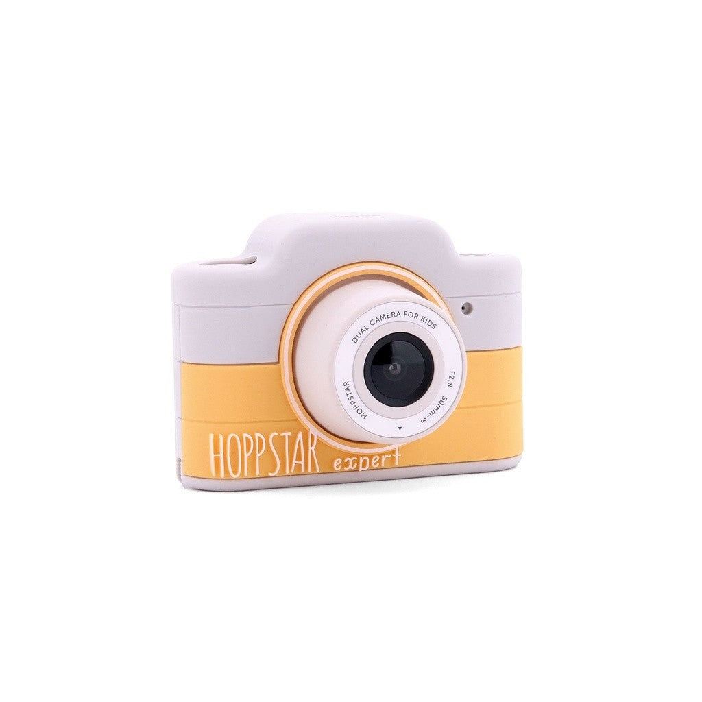 Fotocamera per bambini bianca e gialla con obiettivo grande e ghiera oro