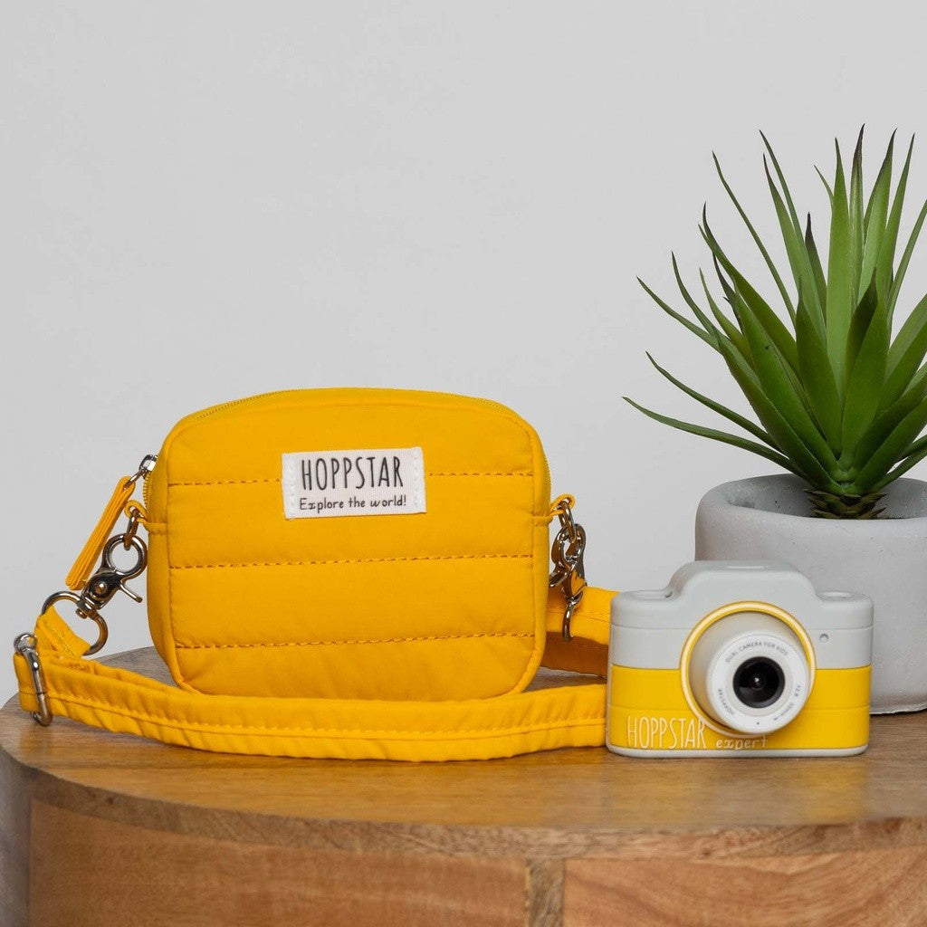 Fotocamera per bambini gialla e bianca con astuccio imbottito