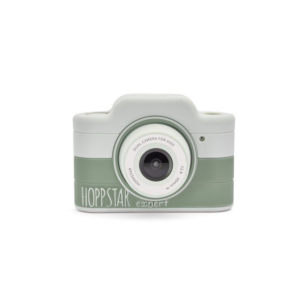 Fotocamera giocattolo per bambini verde salvia con obiettivo circolare frontale