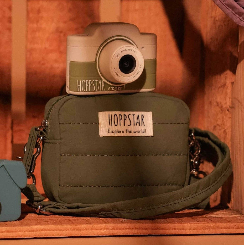 Fotocamera per bambini bianco-verde con custodia imbottita verde