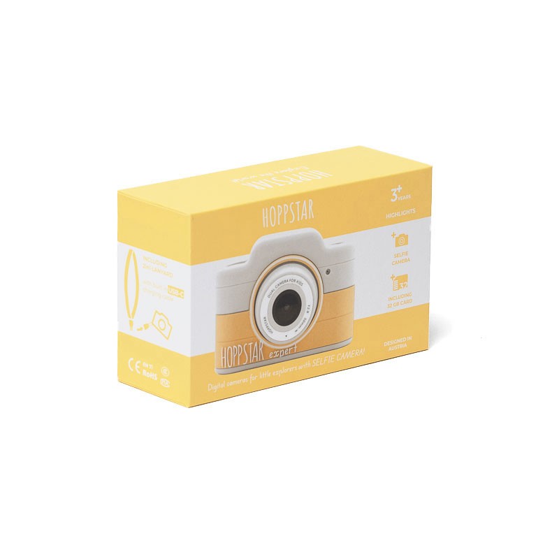 Scatola della fotocamera per bambini gialla e bianca con immagine del prodotto