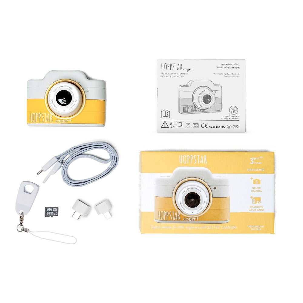 Fotocamera per bambini bianca e gialla con accessori e manuale