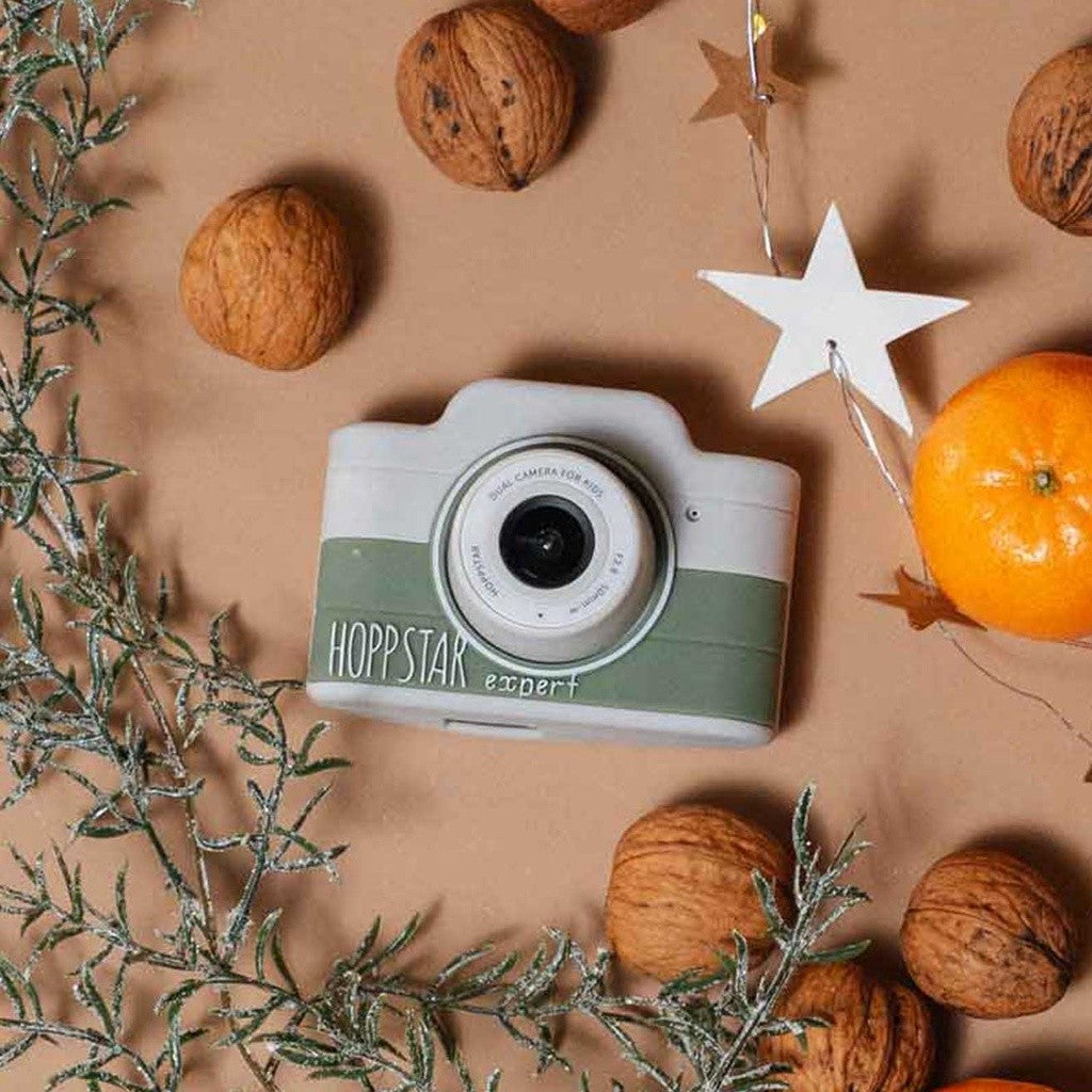 Fotocamera per bambini bianco-verde con obiettivo