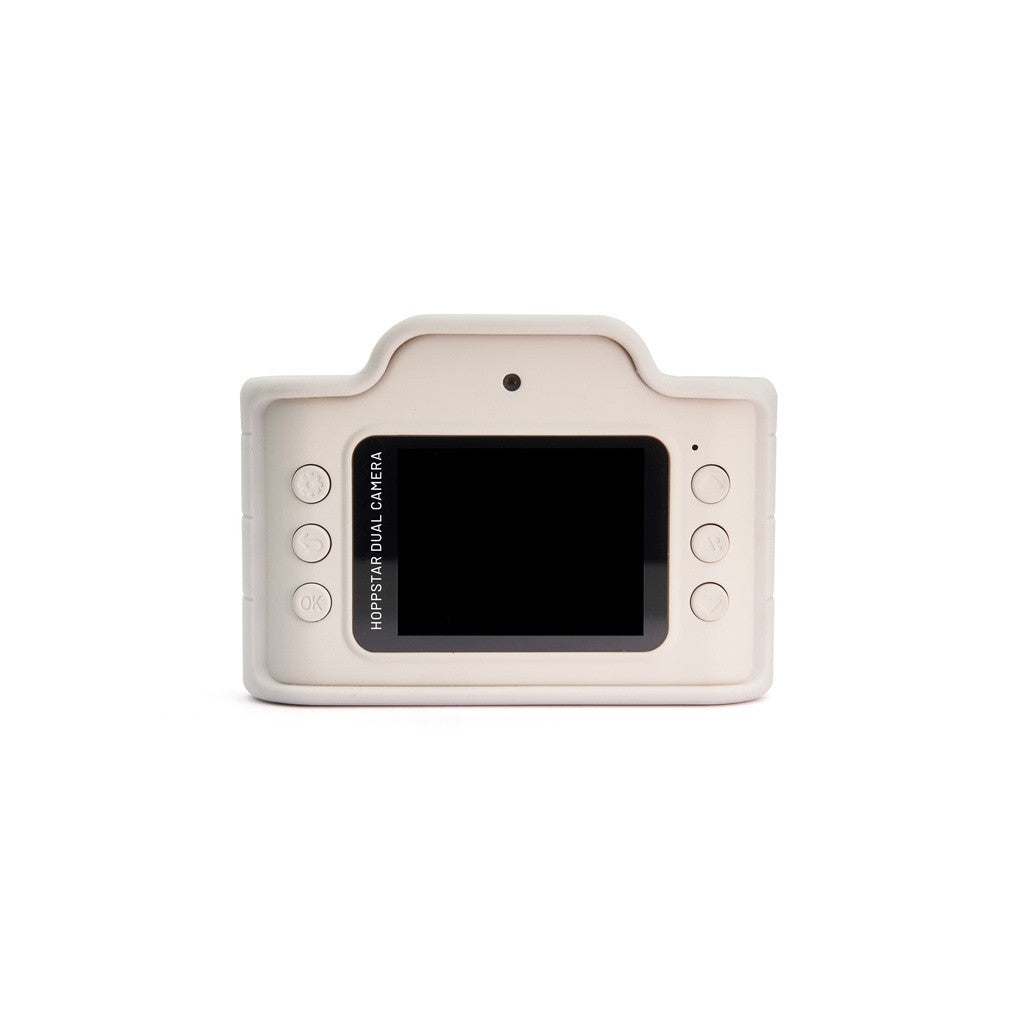 Fotocamera per bambini bianca e rosa, display nero e pulsanti laterali