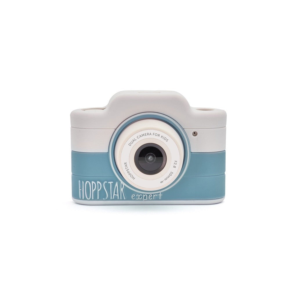 Fotocamera per bambini bianca e azzurra con obiettivo grande e scritta frontale