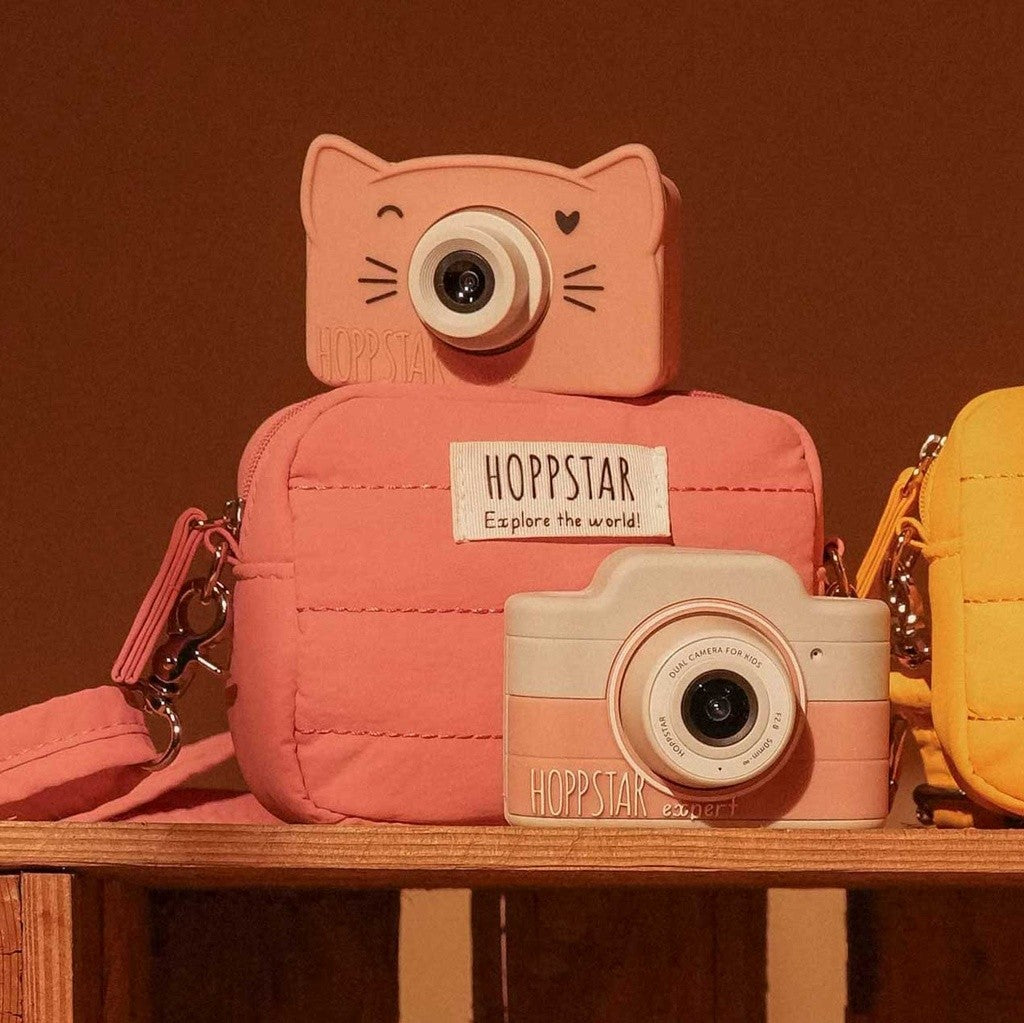 Fotocamera per bambini a forma di gatto, rosa, con lente centrale e tracolla