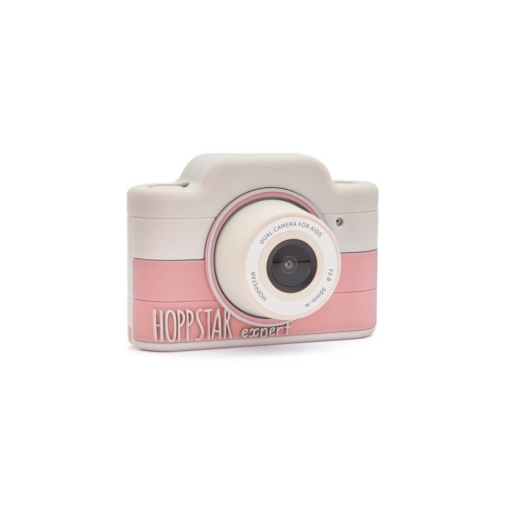 Macchina fotografica per bambini rosa e beige con obiettivo centrale