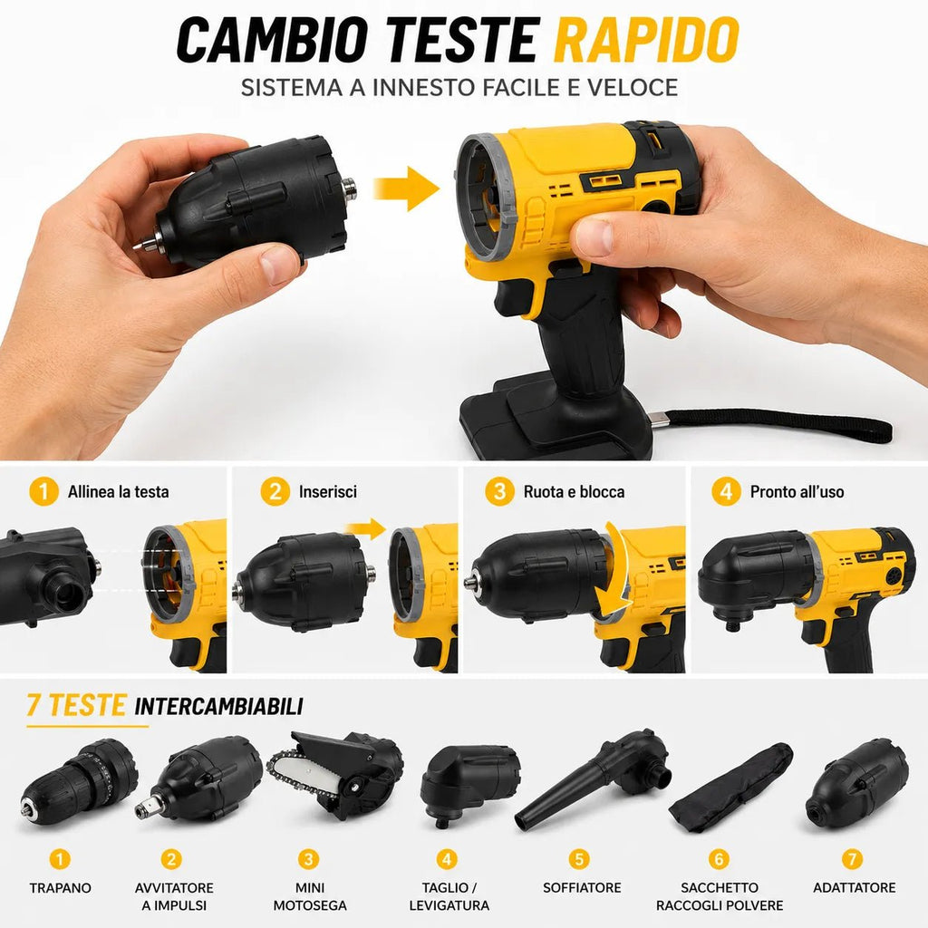 Kit Multifunzione a Batteria 5 in 1 con Valigetta – Trapano, Avvitatore ad Impulsi, Mini Motosega, Soffiatore e Cavo Flessibile - | Prendilo Subito