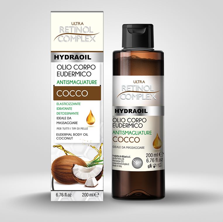 Olio corpo eudermico al cocco, flacone con tappo nero da 200 ml
