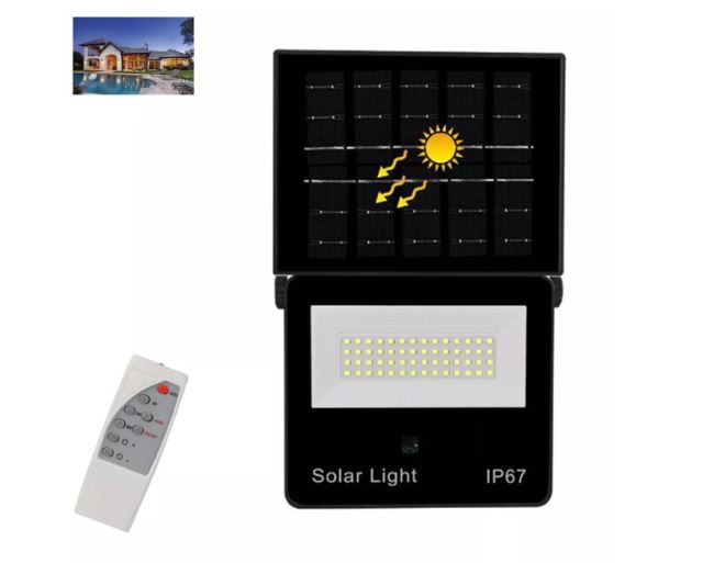 Faretto solare LED nero con pannello integrato, luce bianca e telecomando, IP67