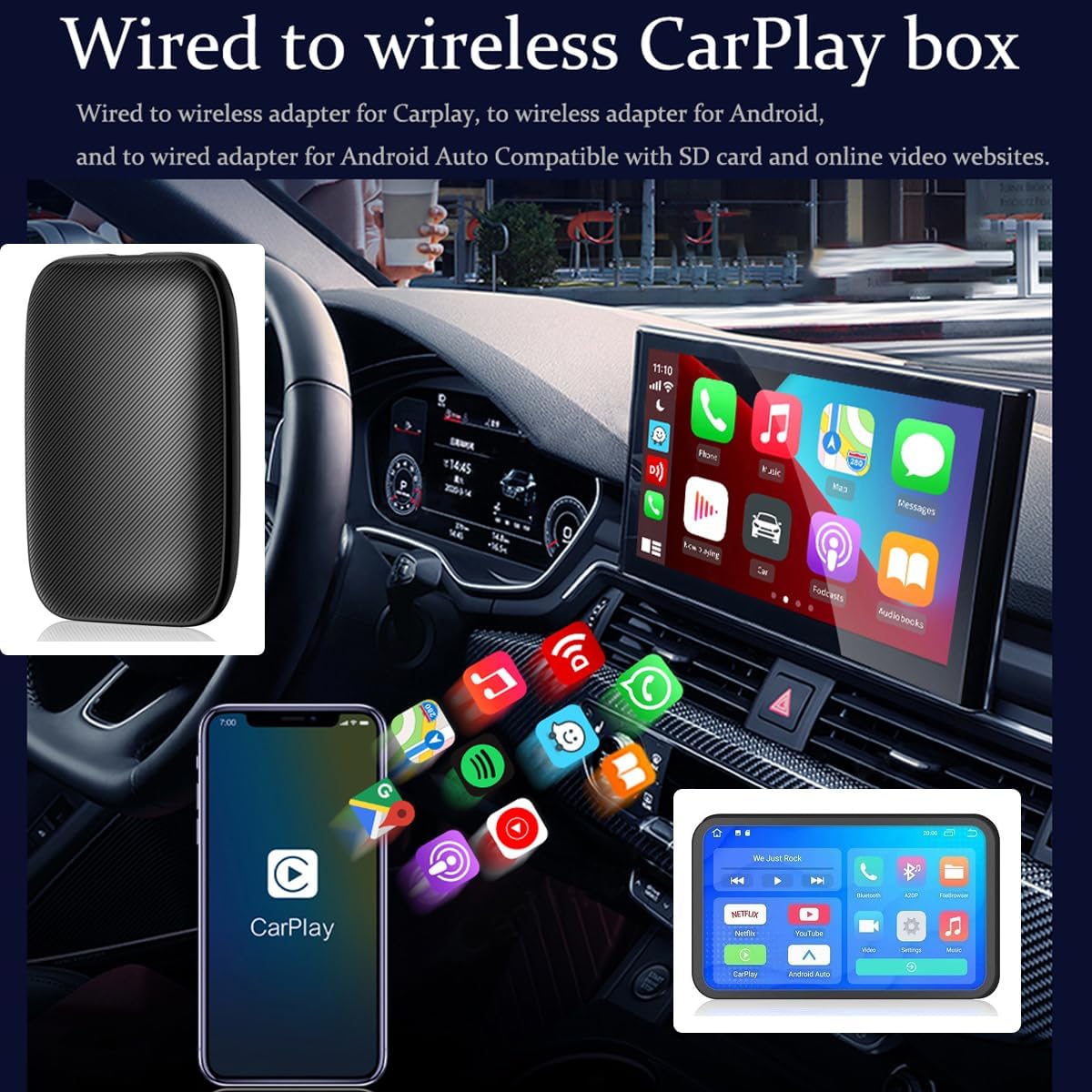 Adattatore CarPlay wireless nero per auto, con schermo e icone app