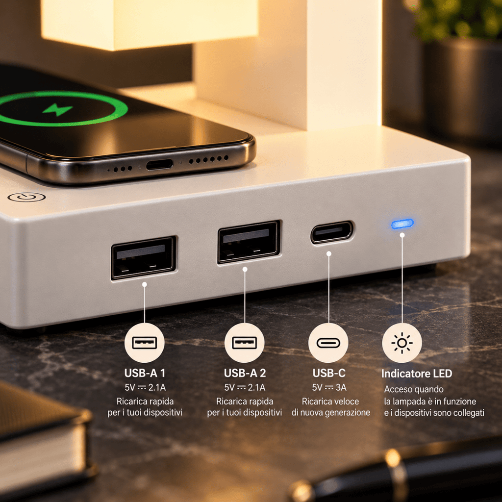 Lampada da Tavolo LED Pieghevole con Ricarica Wireless Smartphone, 3 Tonalità di Luce, 2 Porte USB e 1 Type-C, Design Moderno Salvaspazio - | Prendilo Subito