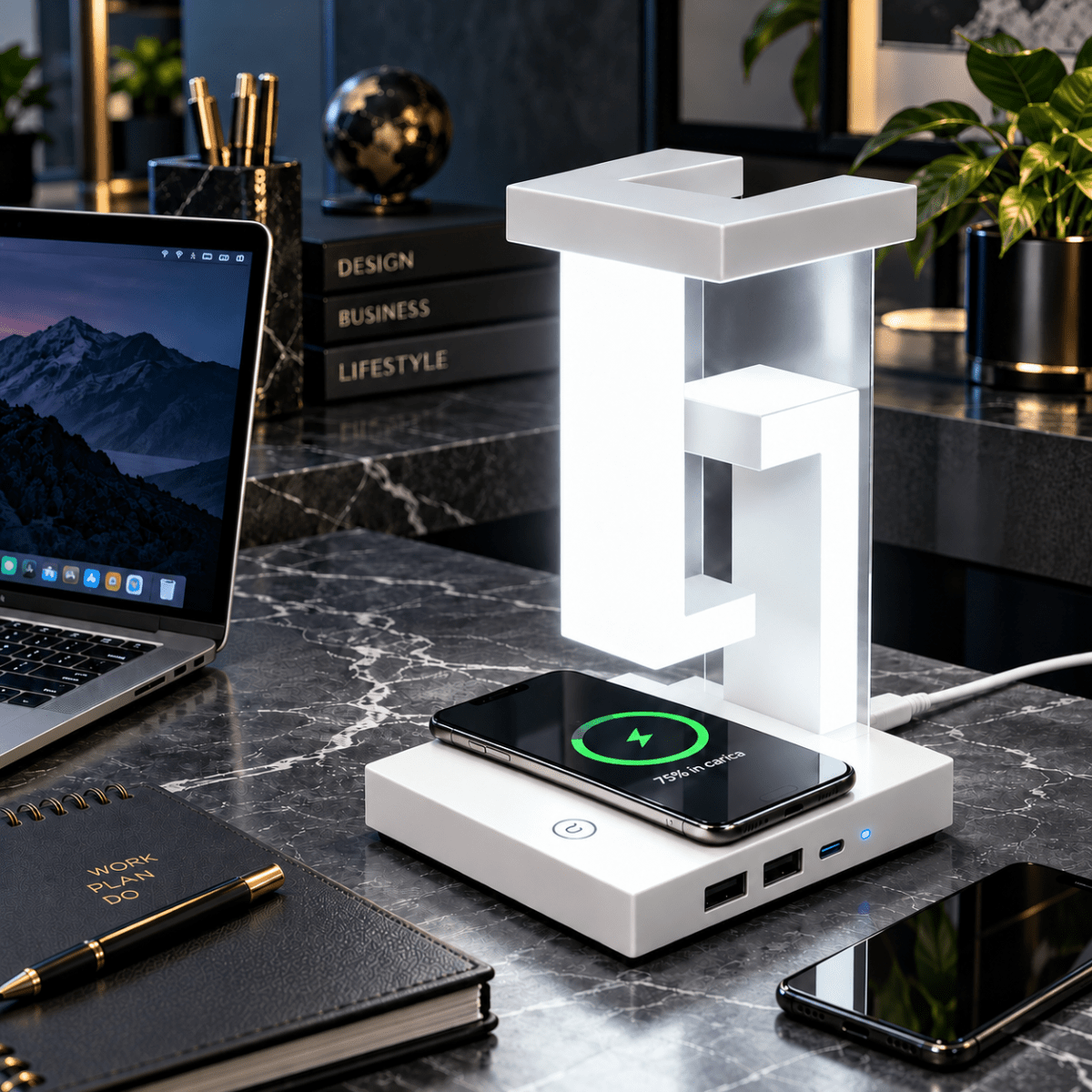Lampada da Tavolo LED Pieghevole con Ricarica Wireless Smartphone, 3 Tonalità di Luce, 2 Porte USB e 1 Type-C, Design Moderno Salvaspazio - | Prendilo Subito