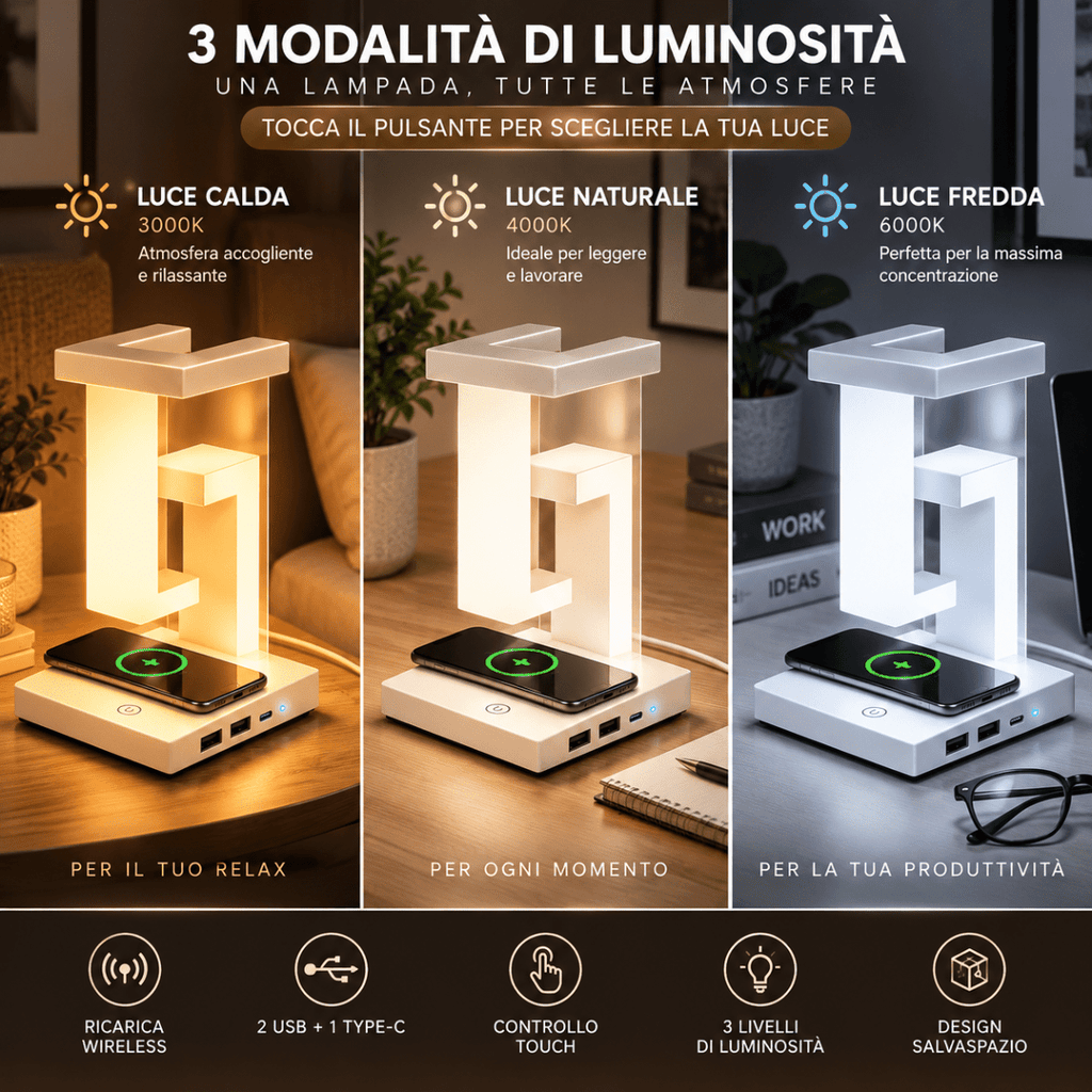 Lampada da Tavolo LED Pieghevole con Ricarica Wireless Smartphone, 3 Tonalità di Luce, 2 Porte USB e 1 Type-C, Design Moderno Salvaspazio - | Prendilo Subito