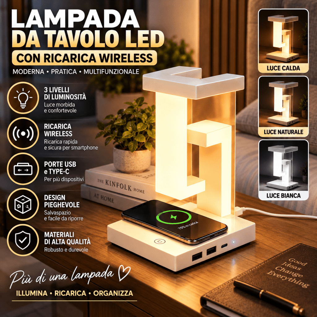 Lampada da Tavolo LED Pieghevole con Ricarica Wireless Smartphone, 3 Tonalità di Luce, 2 Porte USB e 1 Type-C, Design Moderno Salvaspazio - | Prendilo Subito