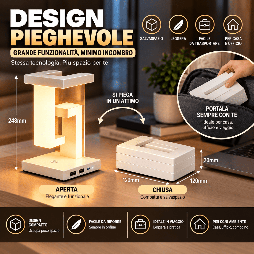 Lampada da Tavolo LED Pieghevole con Ricarica Wireless Smartphone, 3 Tonalità di Luce, 2 Porte USB e 1 Type-C, Design Moderno Salvaspazio - | Prendilo Subito