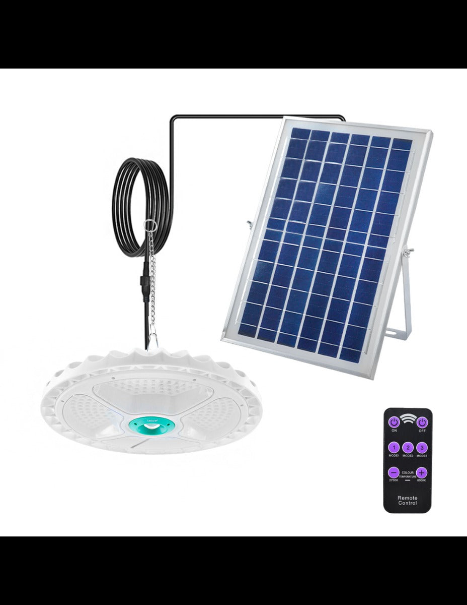 Plafoniera LED solare 400W con pannello e telecomando, tonda bianca