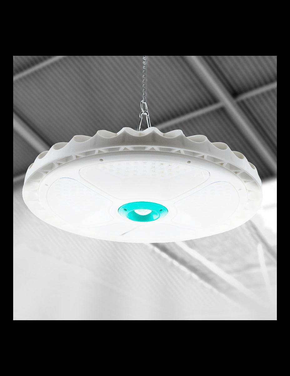 Lampada plafoniera LED solare tonda bianca con luce azzurra accesa