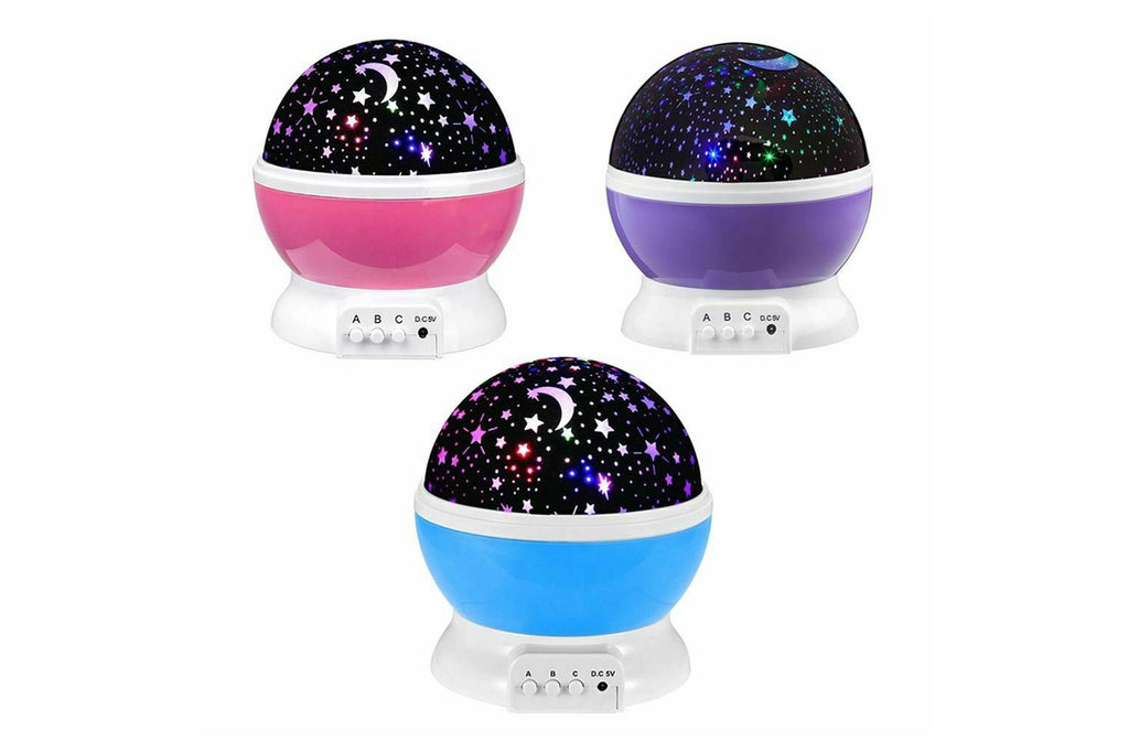 Set di 3 proiettori cielo stellato: base rosa, viola e blu con cupola nera